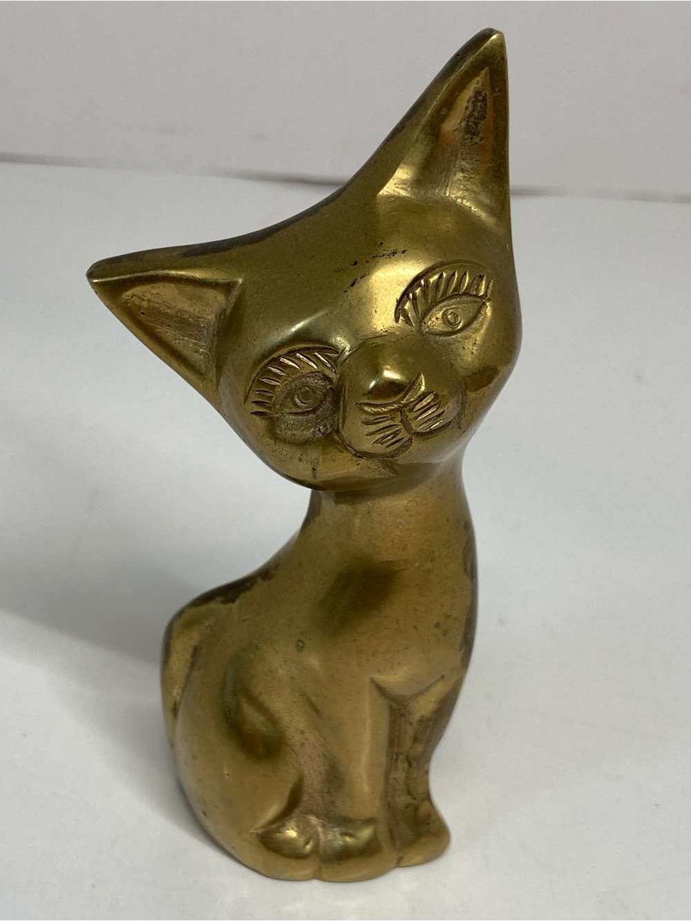 Vintage Solid Brass Cat Figurine 4.5” MCM Decor Paper Weight Siamese Engraved